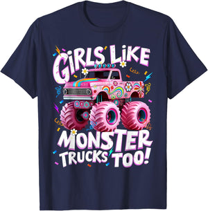 Girls Like Monster Trucks Too Groovy Monster Truck Girls T-Shirt - T-Shirt | Navy