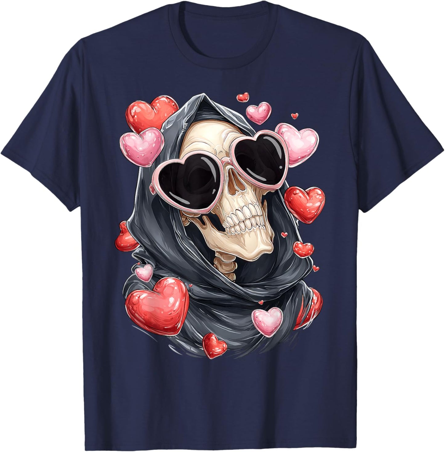 Grim Reaper The Death Skull Valentine's Day Heart Sunglasses T-Shirt - T-Shirt | Navy