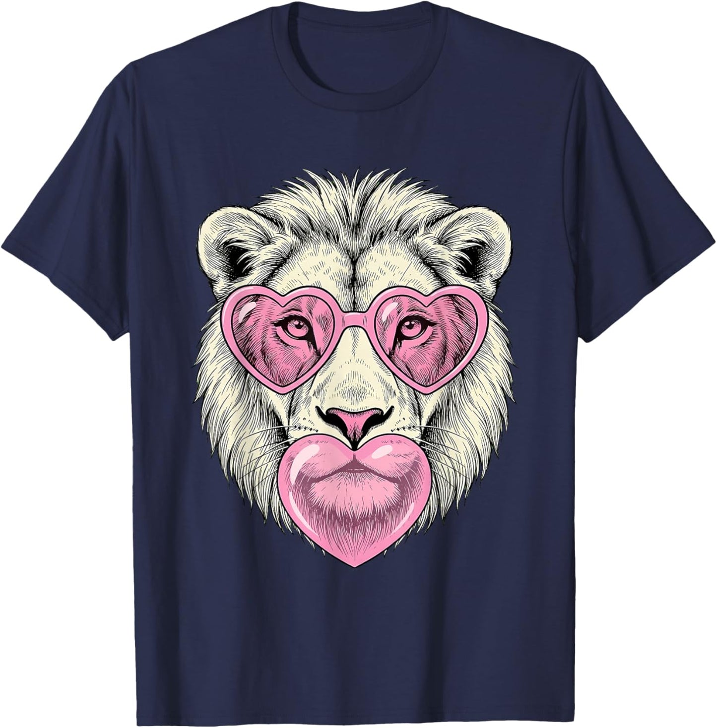 Cute Lion Blowing Pink Valentine Heart Bubble Gum T-Shirt - T-Shirt | Navy