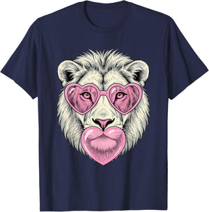 Cute Lion Blowing Pink Valentine Heart Bubble Gum T-Shirt - T-Shirt | Navy