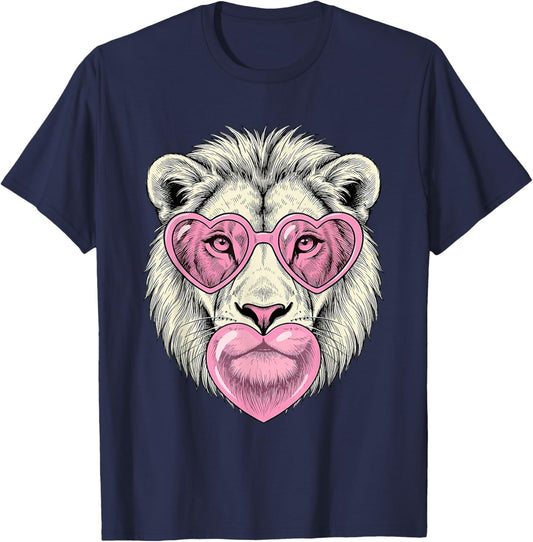 Cute Lion Blowing Pink Valentine Heart Bubble Gum T-Shirt - T-Shirt | Navy