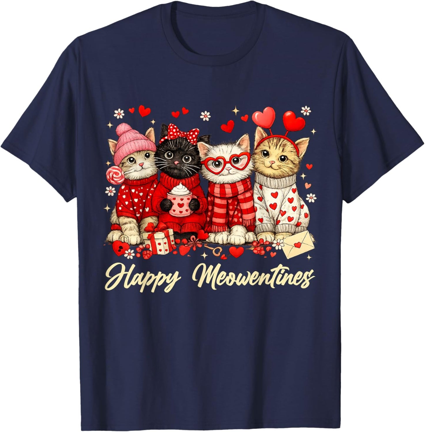 Funny Valentines Day Cats Happy Meowentines Kitten Hearts T-Shirt - T-Shirt | Navy