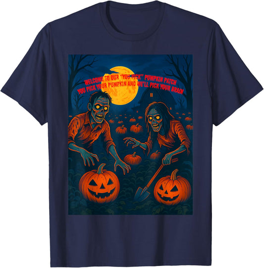 Zombie Pumpkin Patch Halloween – Funny “You Pick” Design T-Shirt - T-Shirt | Navy