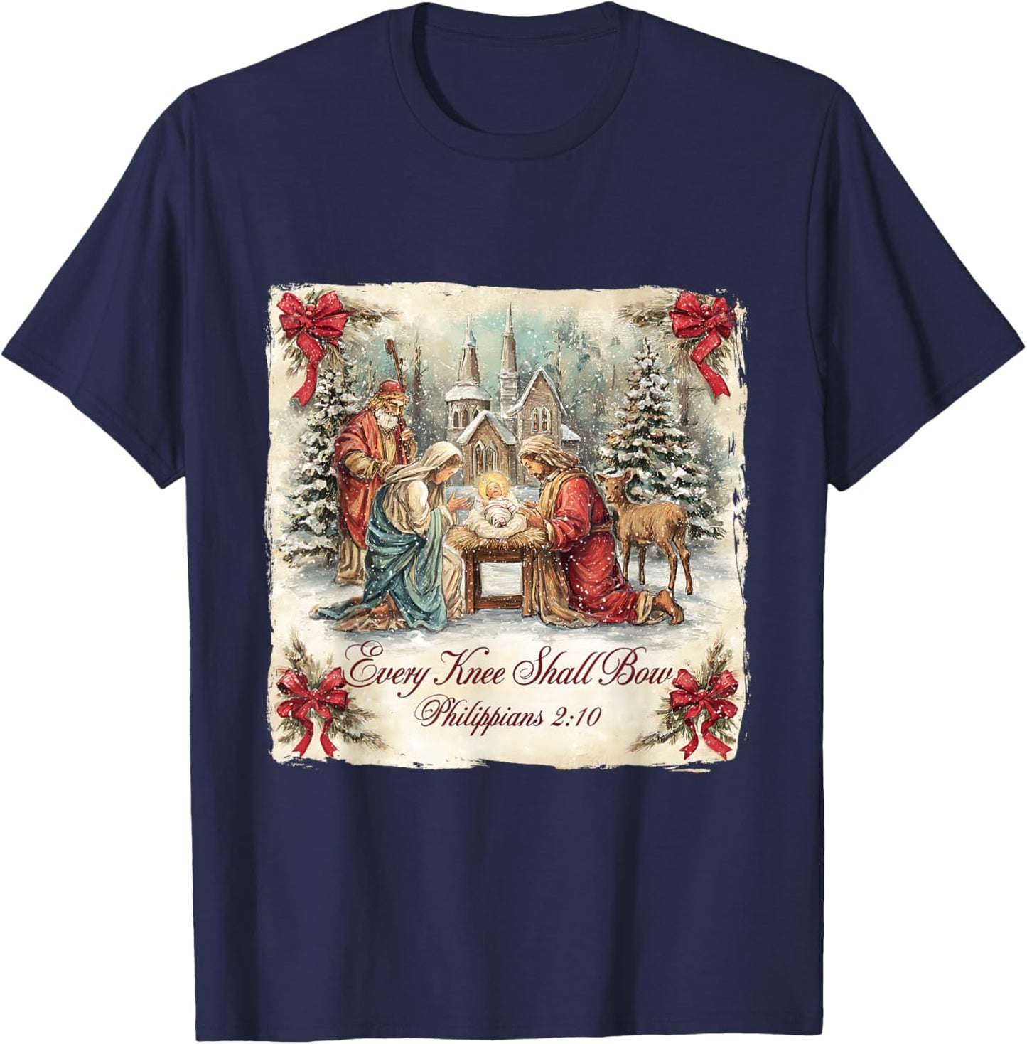 Bow Santa Christmas Nativity Scene Every Knee Shall Xmas T-Shirt - T-Shirt | Navy
