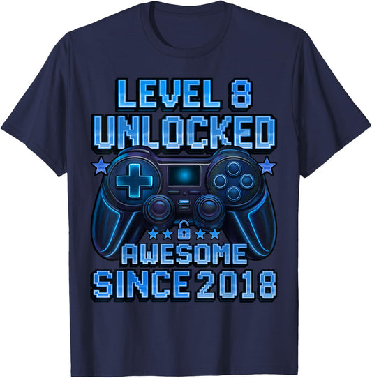 Level 8 Unlocked 8 Year Old Gifts for Boys 8th Birthday Boy T-Shirt - T-Shirt | Navy