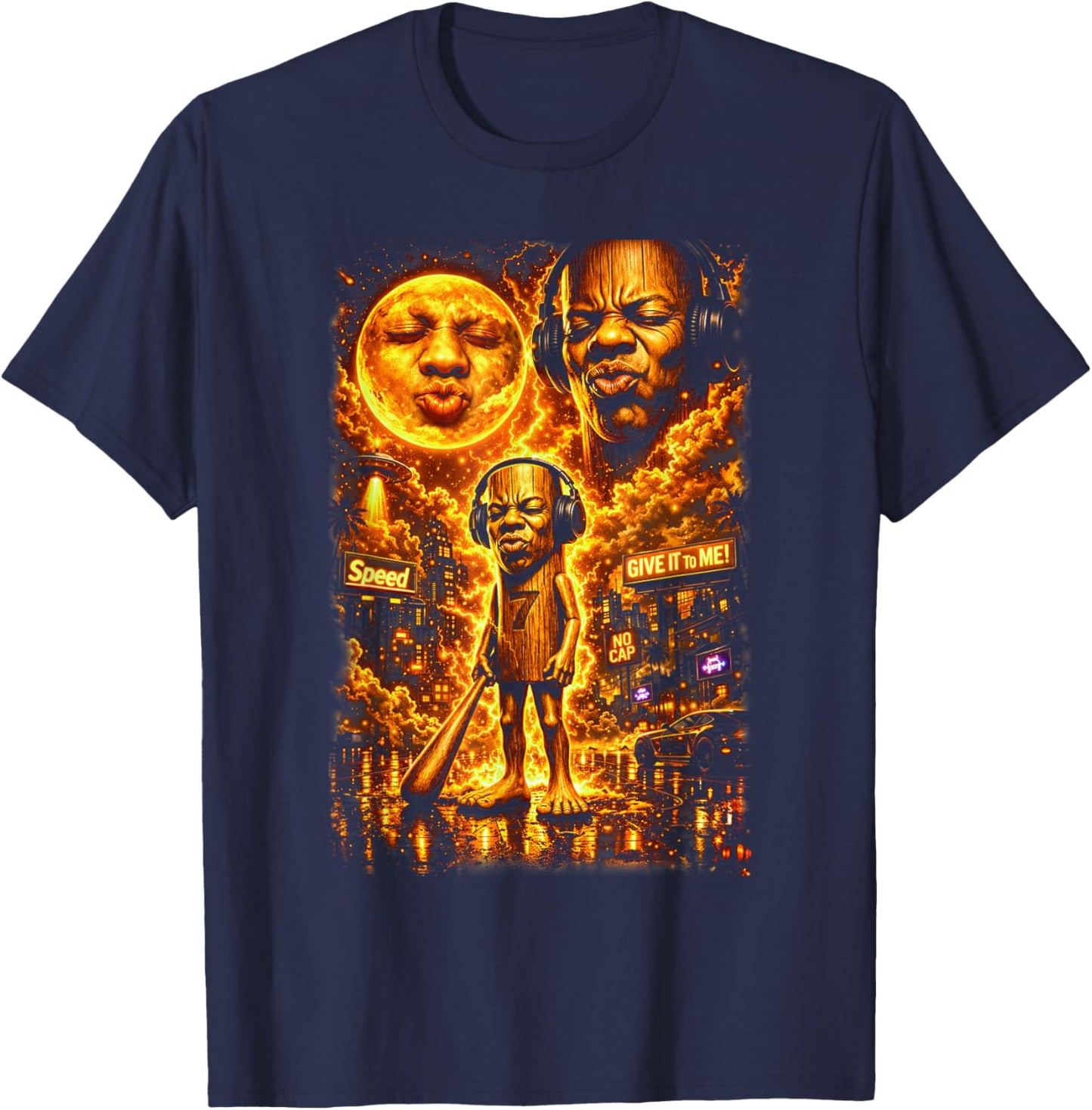 Funny Tung Tung Speed Brainrot Howling at the Moon Vintage T-Shirt - T-Shirt | Navy