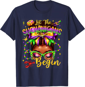 Afro Messy Bun Women Let The Shenanigans Begin Mardi Gras T-Shirt - T-Shirt | Navy