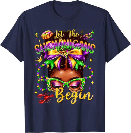 Afro Messy Bun Women Let The Shenanigans Begin Mardi Gras T-Shirt - T-Shirt | Navy