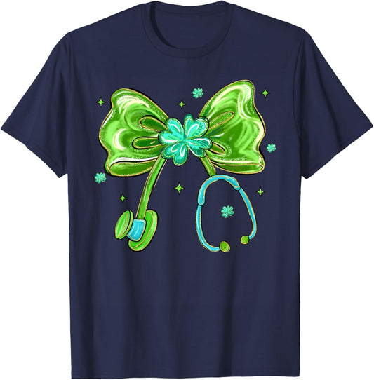 St Patrick's Day Nurse Shamrock Coquette Bow Stethoscope T-Shirt - T-Shirt | Navy