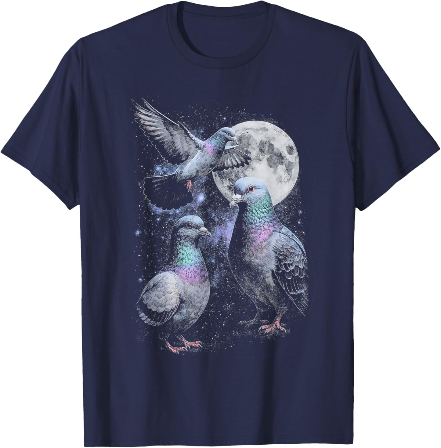 Funny Pigeon Retro Three Pigeon Howling at The Moon T-Shirt - T-Shirt | Navy