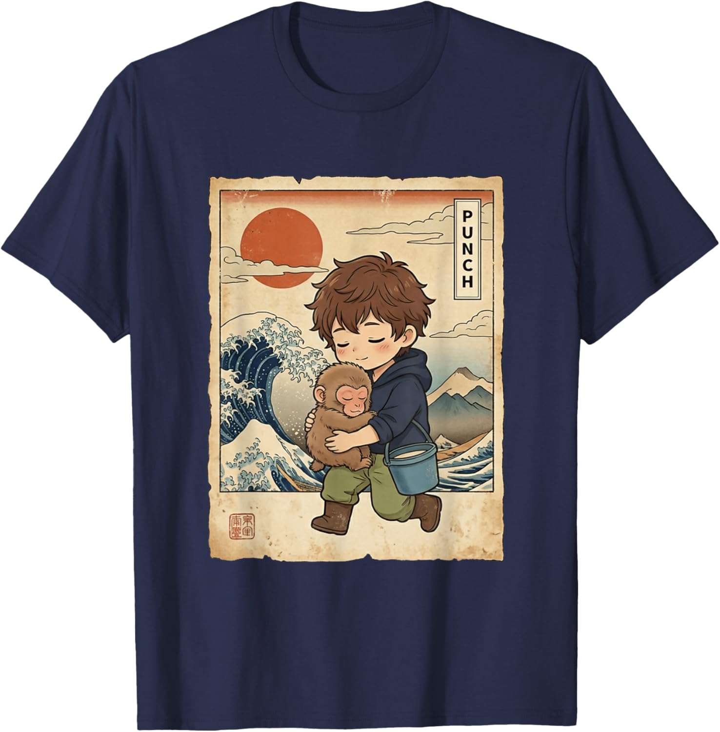 Kawaii Money Punch Zookeeper Cute Japanese Macaque Ukiyo-e T-Shirt - T-Shirt | Navy