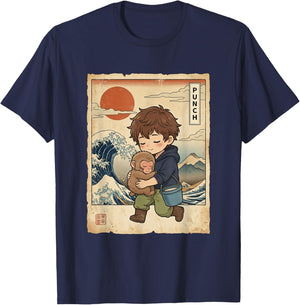Kawaii Money Punch Zookeeper Cute Japanese Macaque Ukiyo-e T-Shirt - T-Shirt | Navy