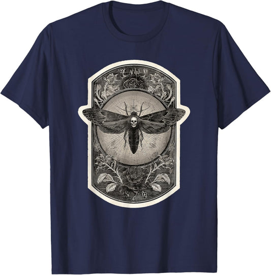 Death Head Moth Gothic Flower Skull Illustration T-Shirt - T-Shirt | Navy