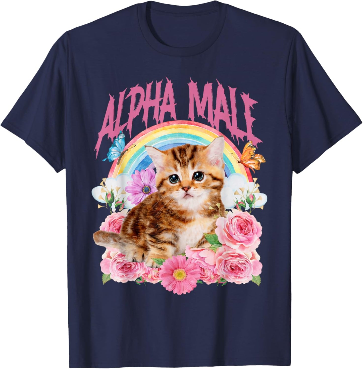Alpha Male Funny Cat Kitten Rainbow Floral T-Shirt - T-Shirt | Navy