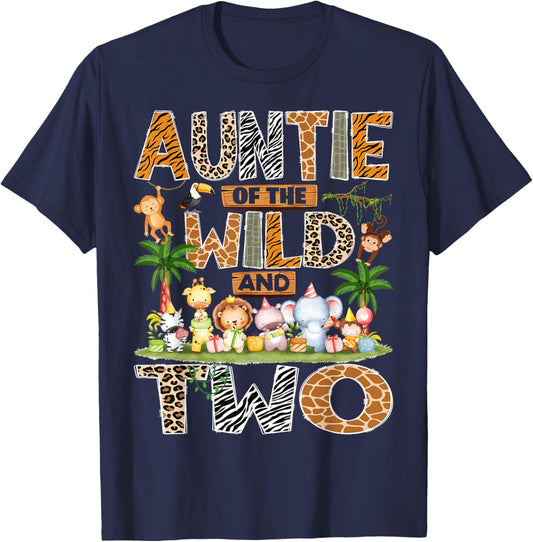 Auntie of The Wild & Two 2nd Birthday Boy Safari Jungle T-Shirt - T-Shirt | Navy
