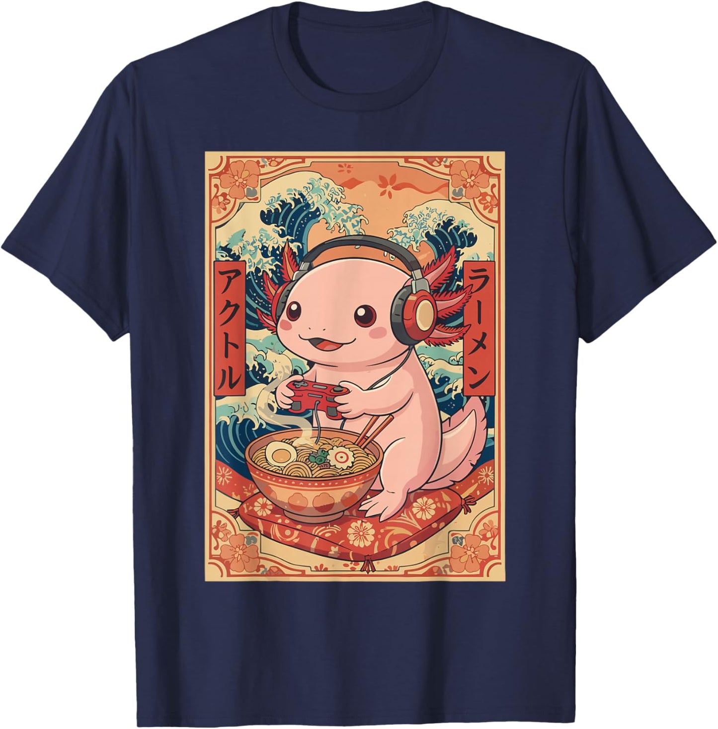 Cute Kawaii Gamer Axolotl Japanese Ramen Gaming Boys Kids T-Shirt - T-Shirt | Navy