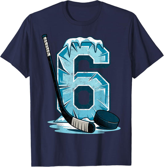 Ice Hockey 6 Years Birthday Boy 6th Bday Kids Hockey Party T-Shirt - T-Shirt | Navy