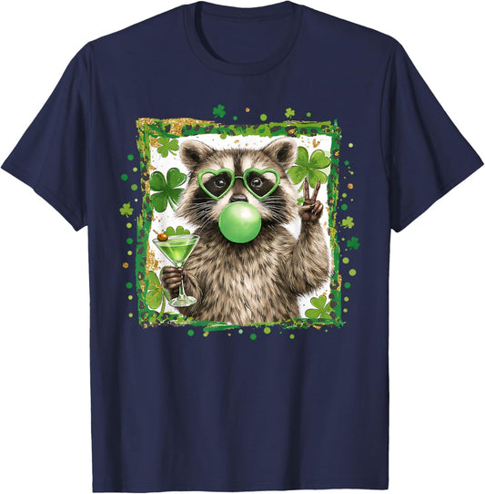 Vintage Funny St Patricks Day Raccoon Lover Martini Shamrock T-Shirt - T-Shirt | Navy
