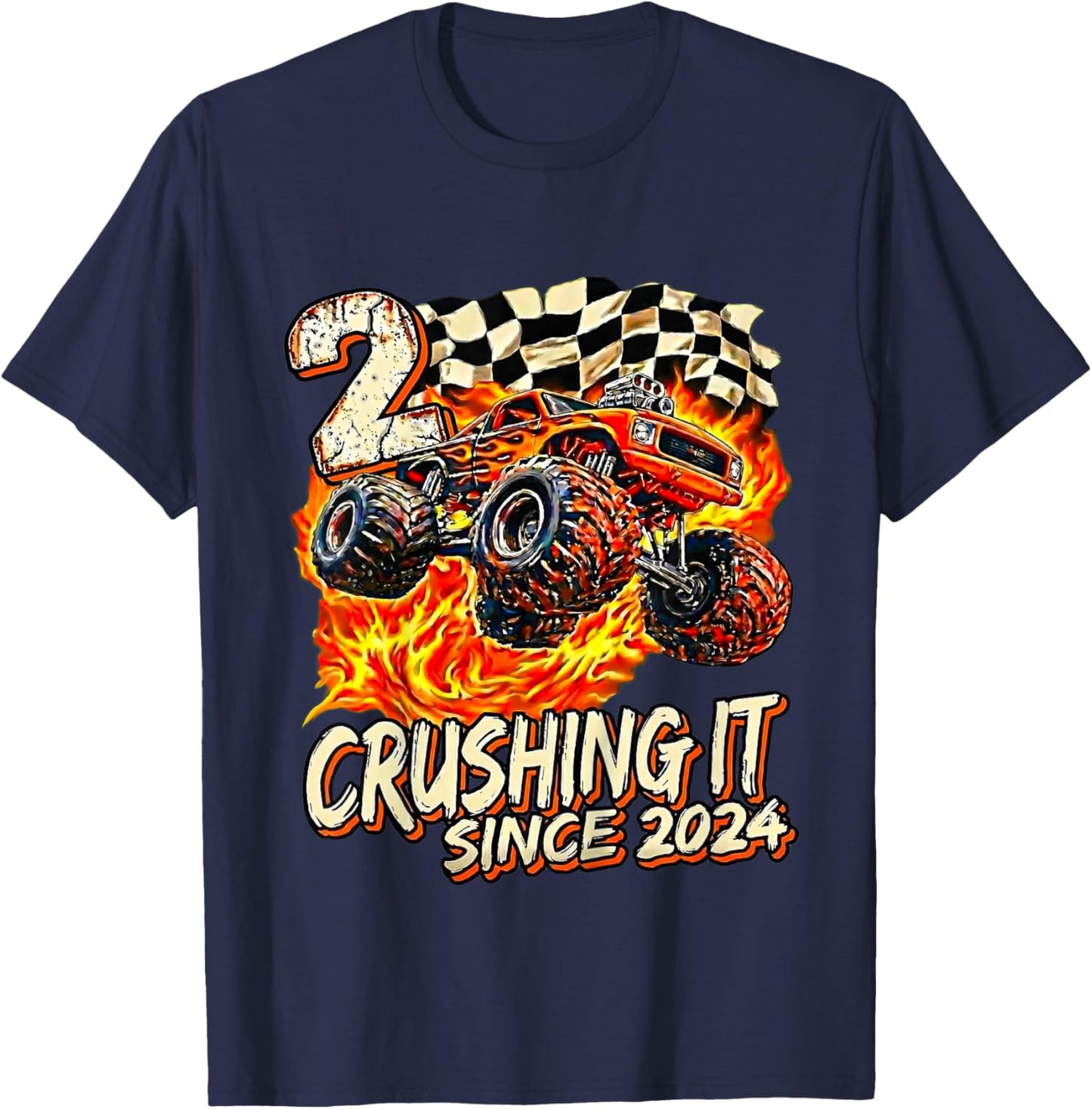 Kids Birthday Monster Truck Boy 2 Year Old Crushing It Since 2024 T-Shirt - T-Shirt | Navy