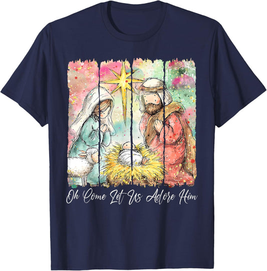 O Come Let Us Adore Him Jesus Christian Christmas Holiday T-Shirt - T-Shirt | Navy