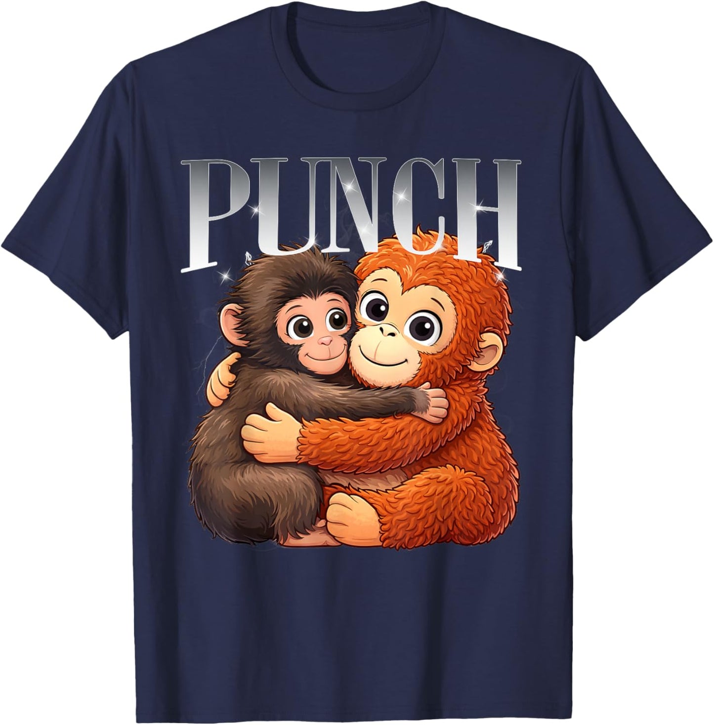 Punch Cute Hugging Baby Monkeys Cartoon Art T-Shirt - T-Shirt | Navy