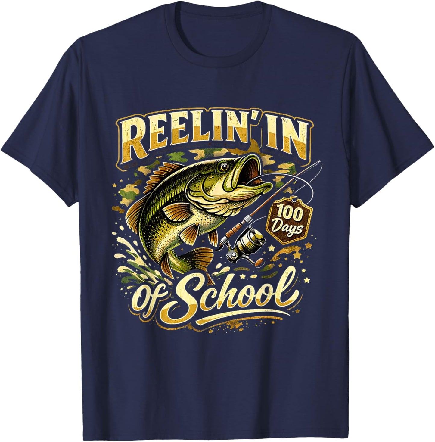 Reelin in 100 Days of School Fishing Fun T-Shirt - T-Shirt | Navy