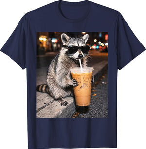 Funny Raccoon Drinking Iced Coffee Animal Meme T-Shirt - T-Shirt | Navy