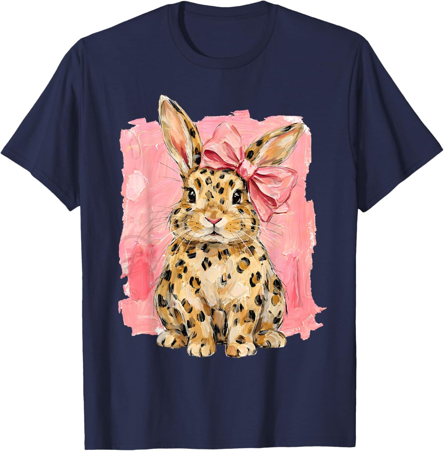 Leopard Print Bunny with Pink Bow Cute Spring Easter Day T-Shirt - T-Shirt | Navy