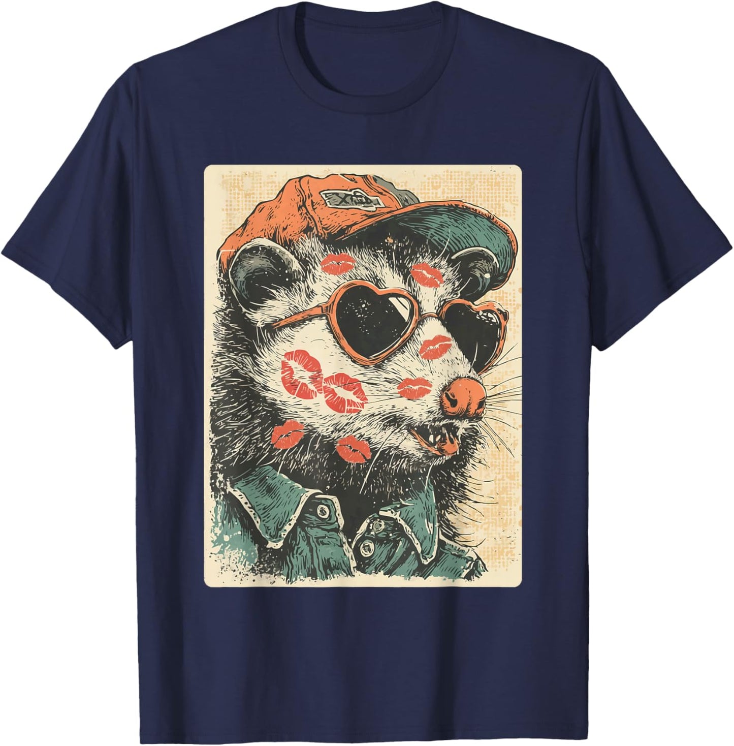Cute Opossum with Sunglasses Kisses Valentine's Day Possum T-Shirt - T-Shirt | Navy