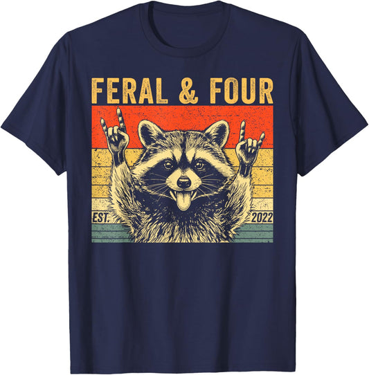 Feral and Four Raccoon Funny 4th Birthday Girls Boys Kids T-Shirt - T-Shirt | Navy