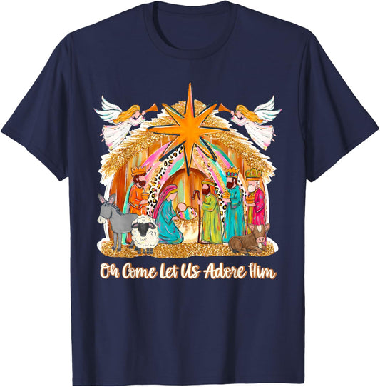 Oh Come Let Us Adore Him Jesus Christmas Christian Holiday T-Shirt - T-Shirt | Navy