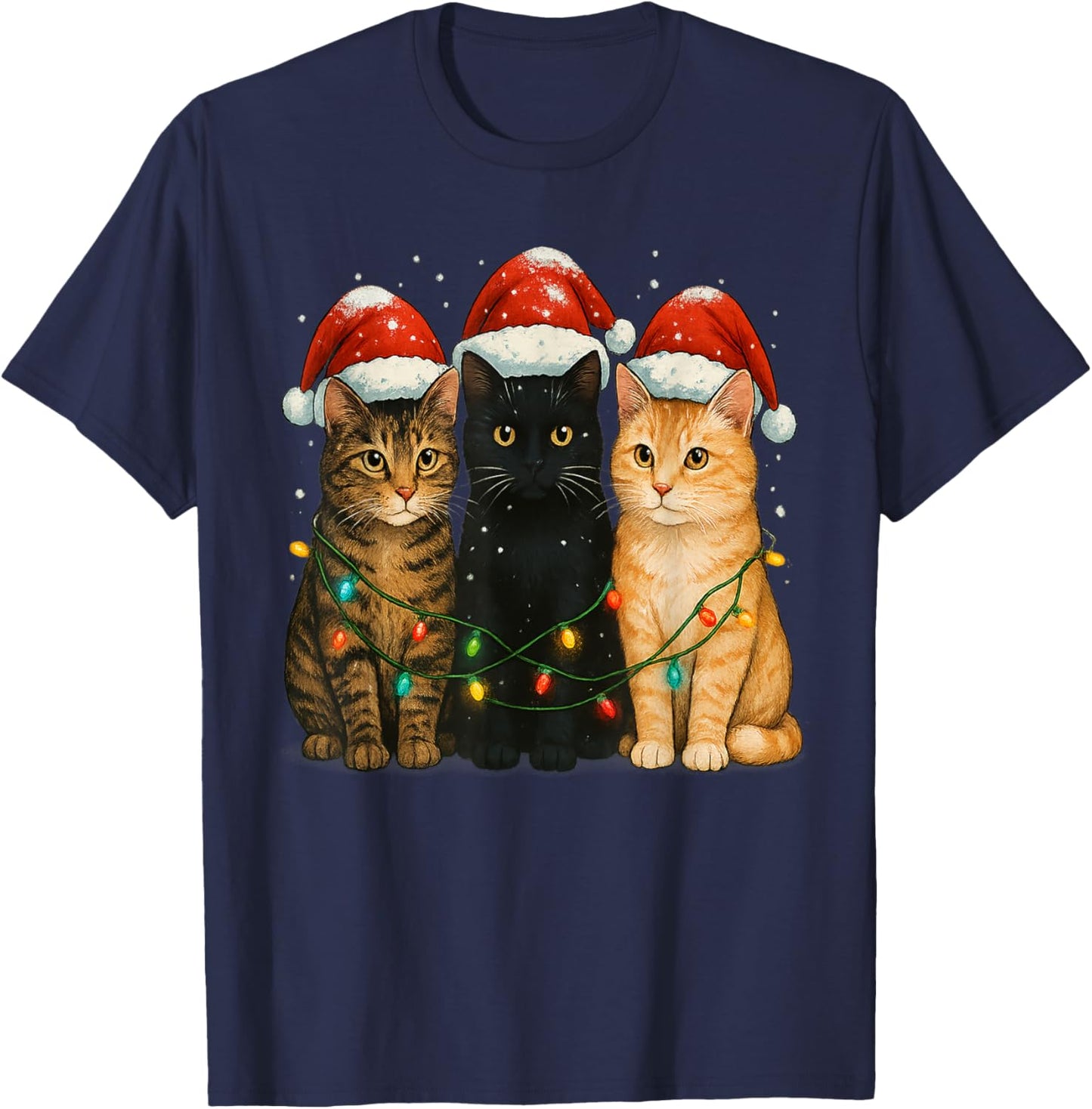 Cat Christmas Light Cat Owner Santa Christmas Cat Lover T-Shirt - T-Shirt | Navy