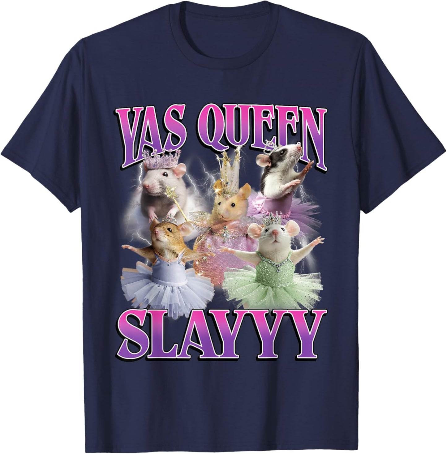 Yas Queen Slay Funny Rat Mouse Meme Bootleg Y2K Graphic T-Shirt - T-Shirt | Navy