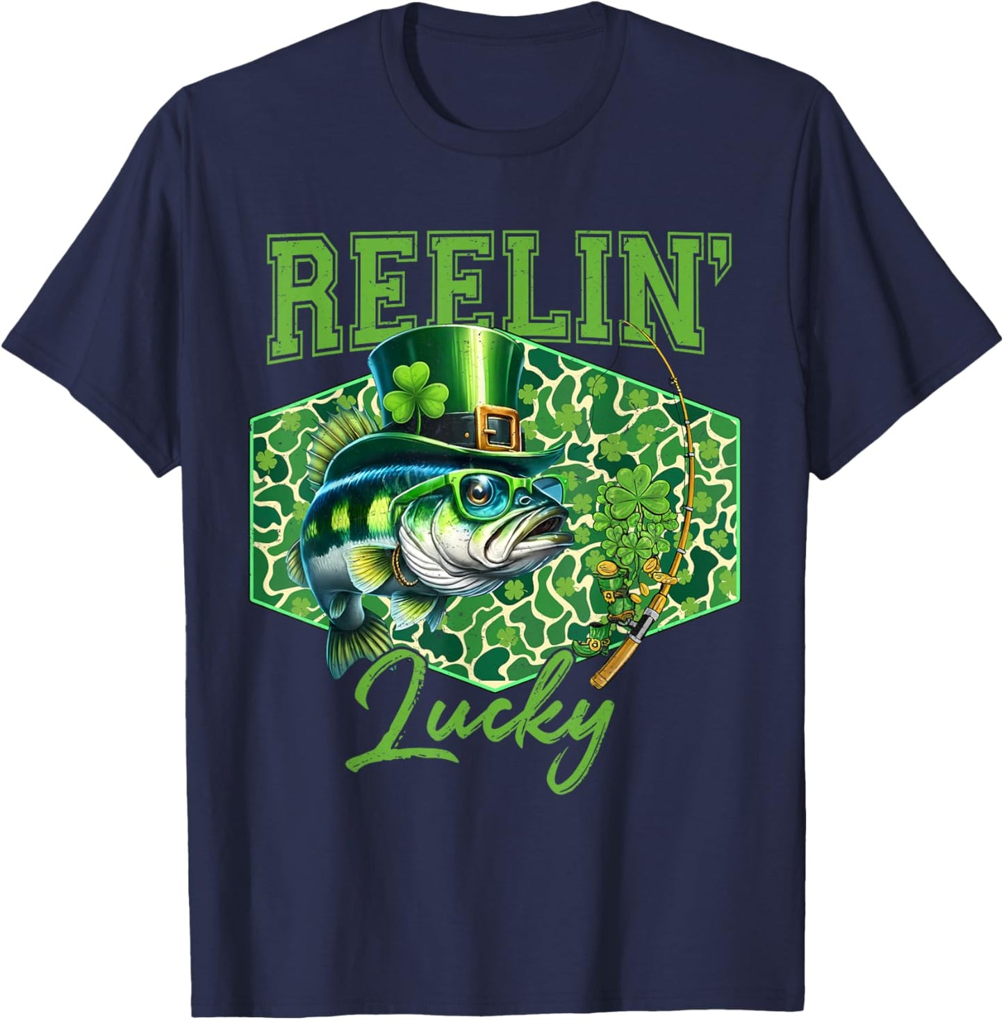 Reelin' Lucky Bass Fishing Fisherman St Patricks Day T-Shirt - T-Shirt | Navy