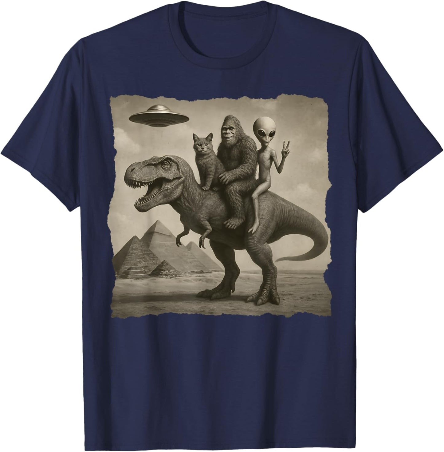 Cat with Alien and Bigfoot Riding a T-Rex at Giza Pyramids T-Shirt - T-Shirt | Navy