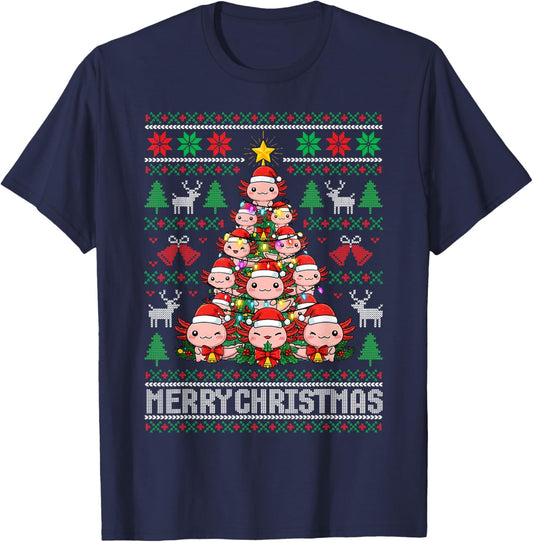 Cute Axolotl Christmas Tree Ugly Sweater Merry Xmas Holiday T-Shirt - T-Shirt | Navy