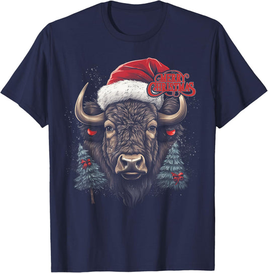 Buffalo Bison - Christmas Funny Santa Holiday Men Women T-Shirt - T-Shirt | Navy