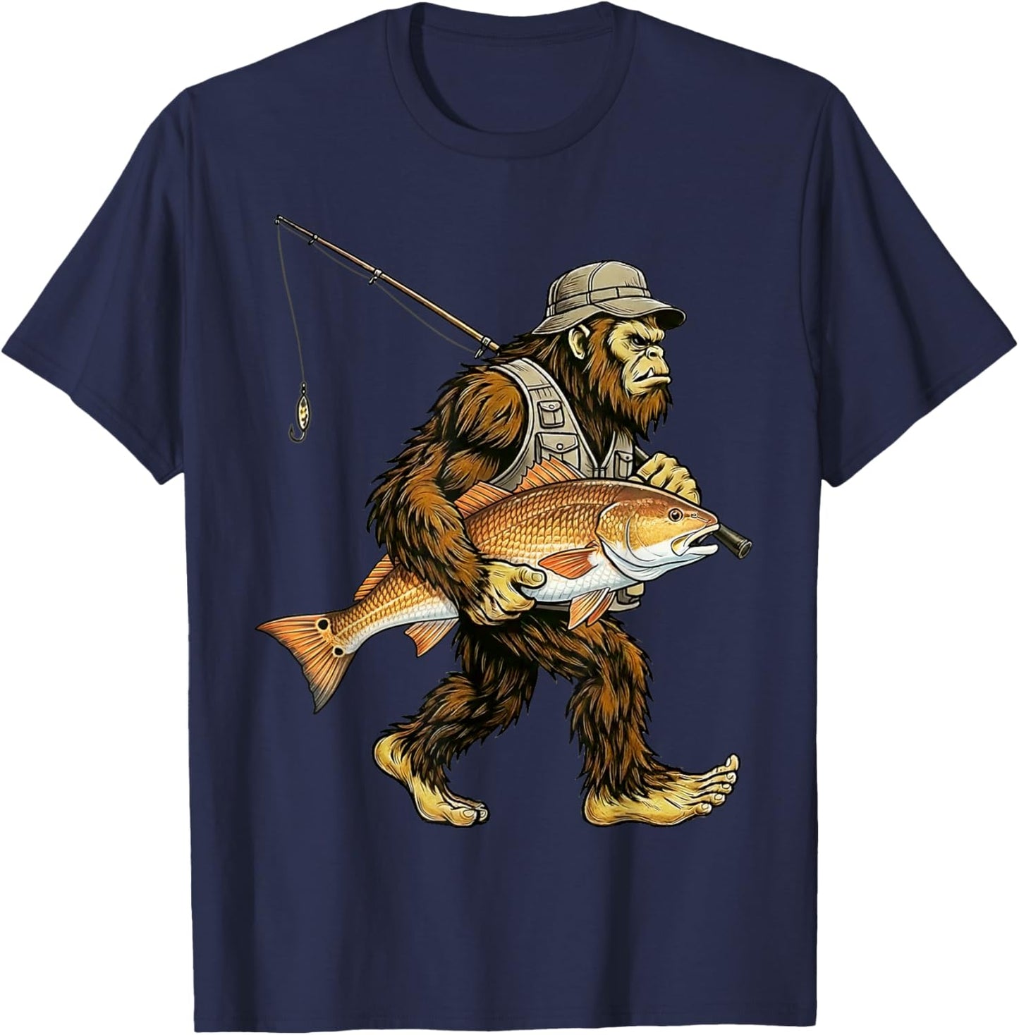 Redfish Bigfoot Fisherman Saltwater Fishing Sasquatch T-Shirt - T-Shirt | Navy