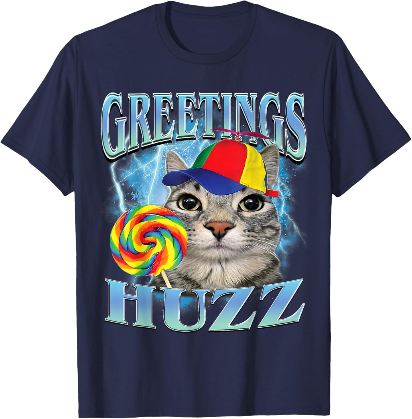 Greetings Huzz Funny Lollipop Cat Meme T-Shirt - T-Shirt | Navy