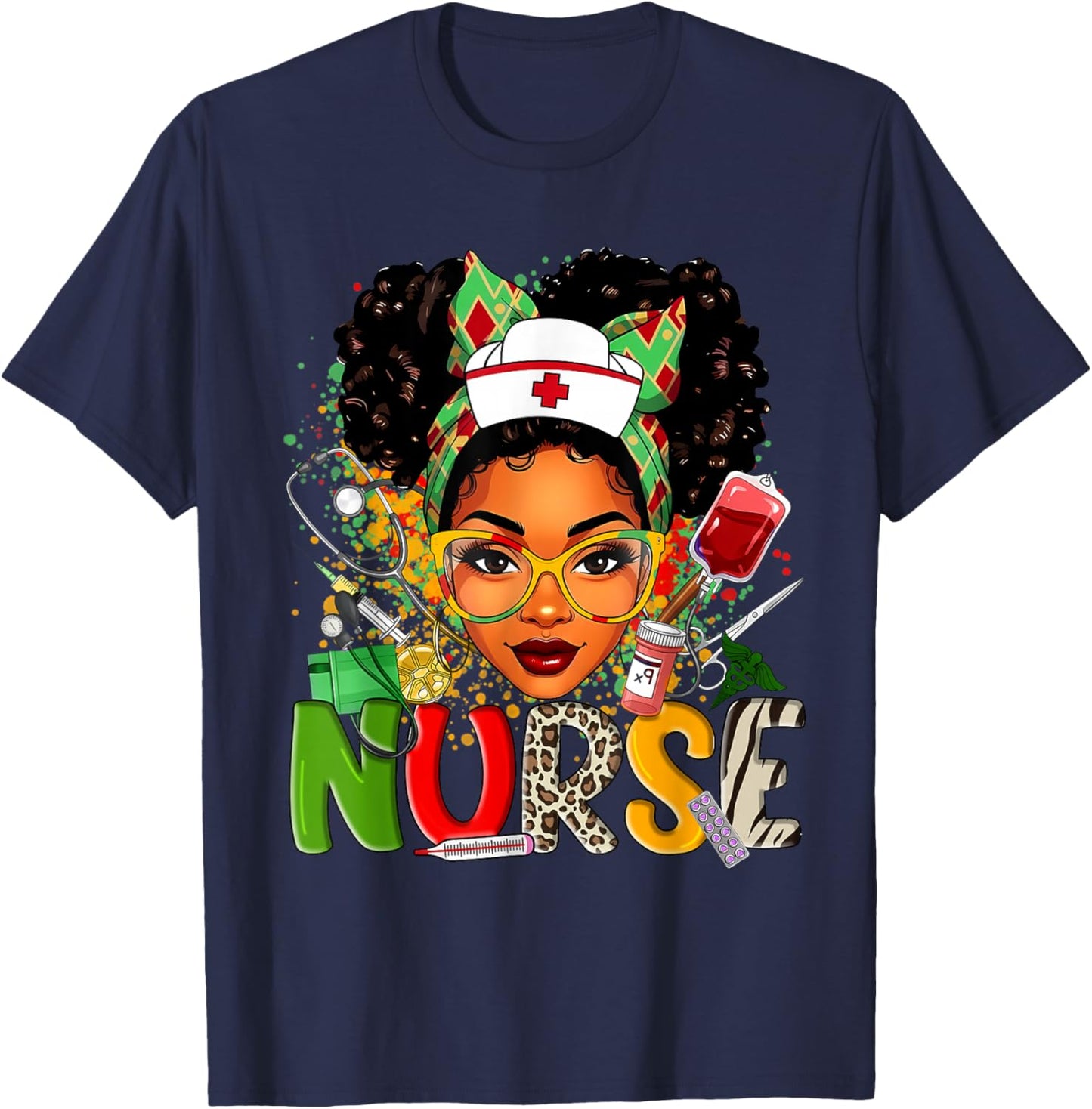 African American Nurse Messy Bun Hair Black History Month T-Shirt - T-Shirt | Navy
