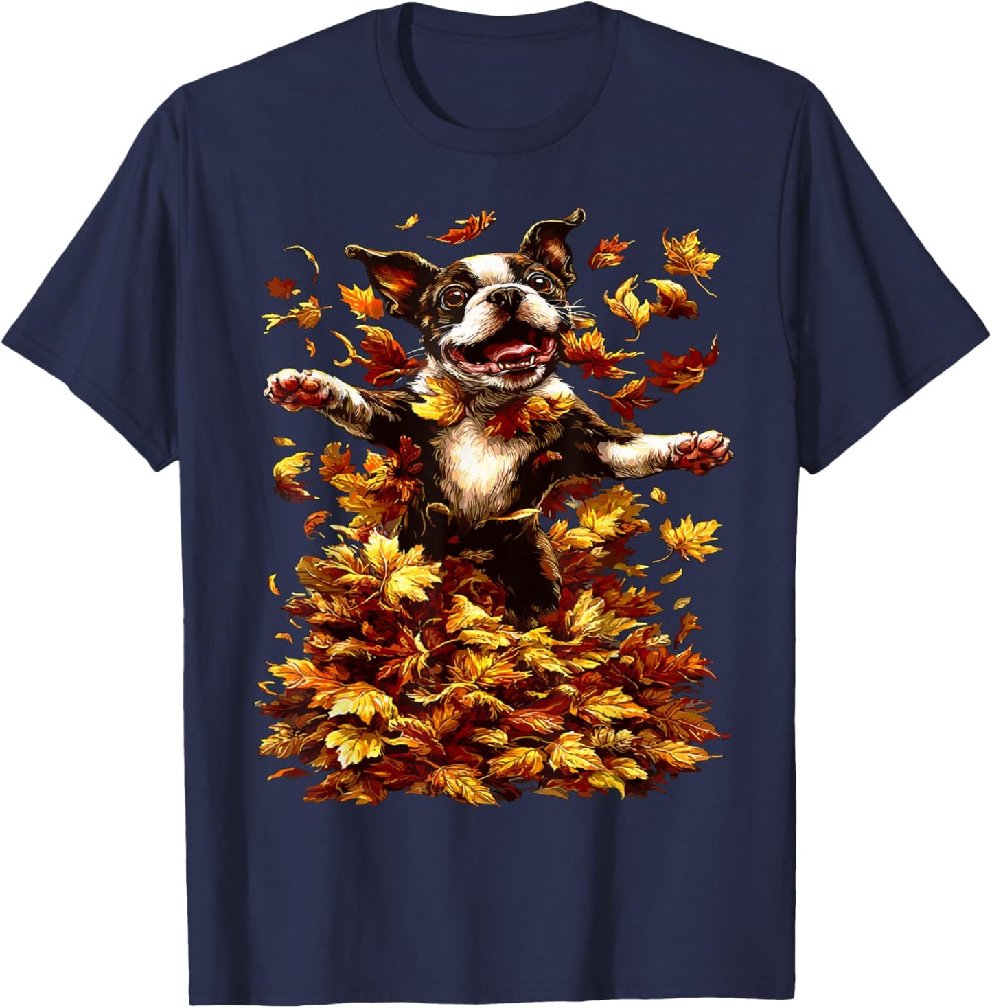 Boston Terrier with Fall Leaves Animal Autumn Aesthetic Dog T-Shirt - T-Shirt | Navy