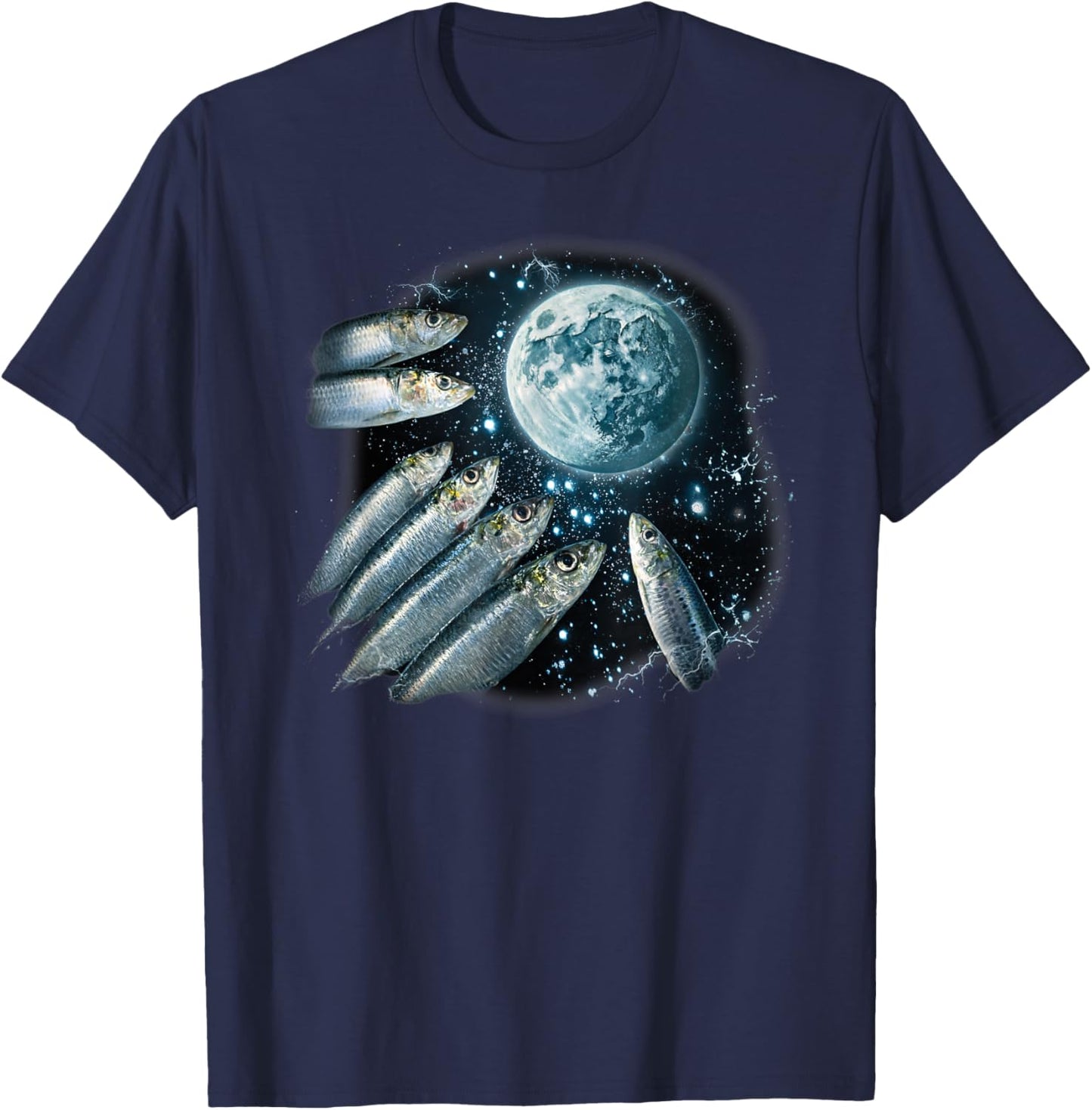 Three Sardines Howling at Moon Retro Sardine Fish Lover T-Shirt - T-Shirt | Navy