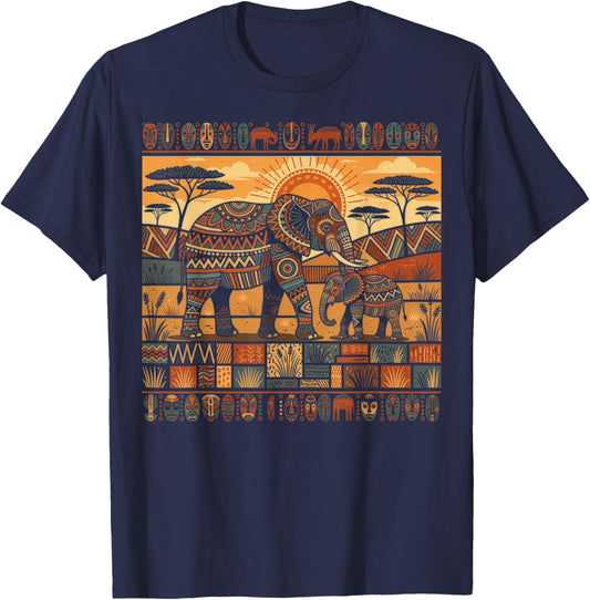 African Elephant & Baby Tribal Kente Pattern Safari Ghana T-Shirt - T-Shirt | Navy