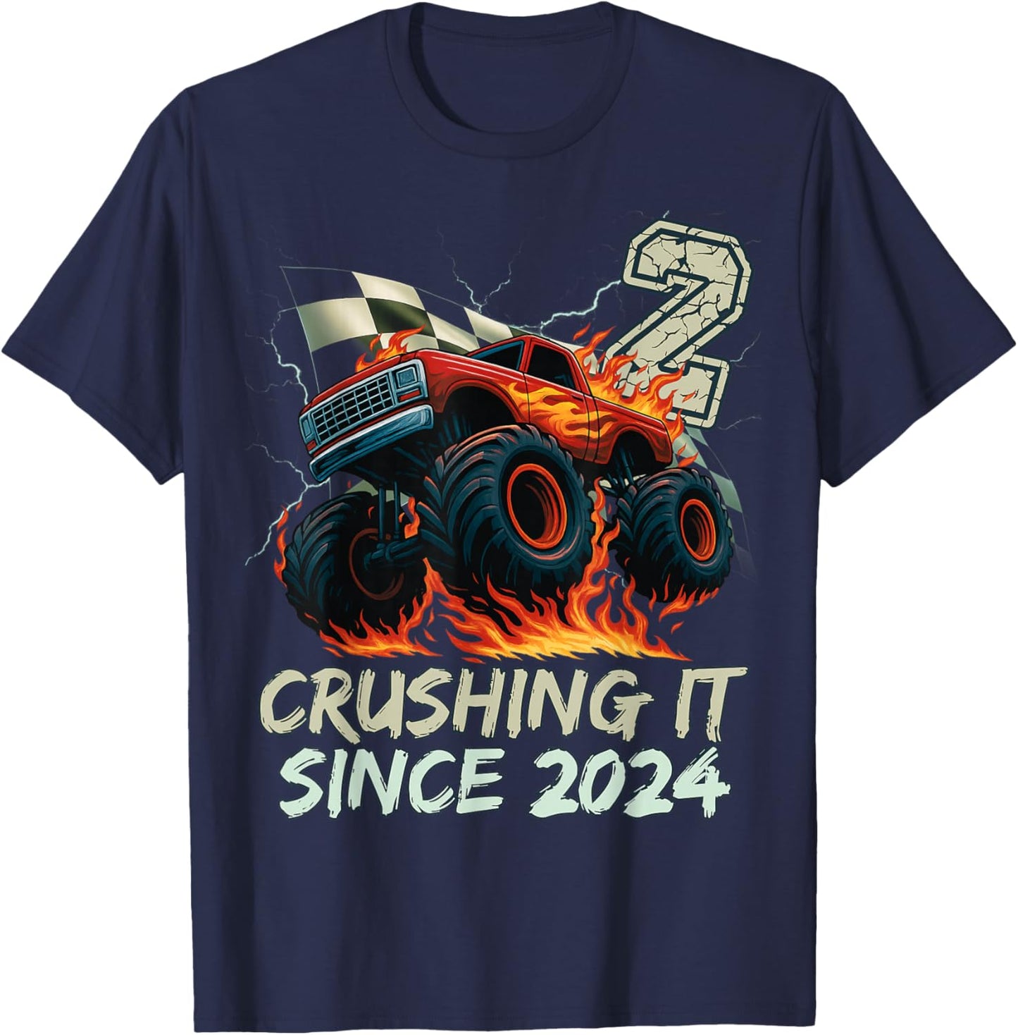 Birthday Monster Truck 2 Year Old Boys 2nd Party Born 2024 T-Shirt - T-Shirt | Navy
