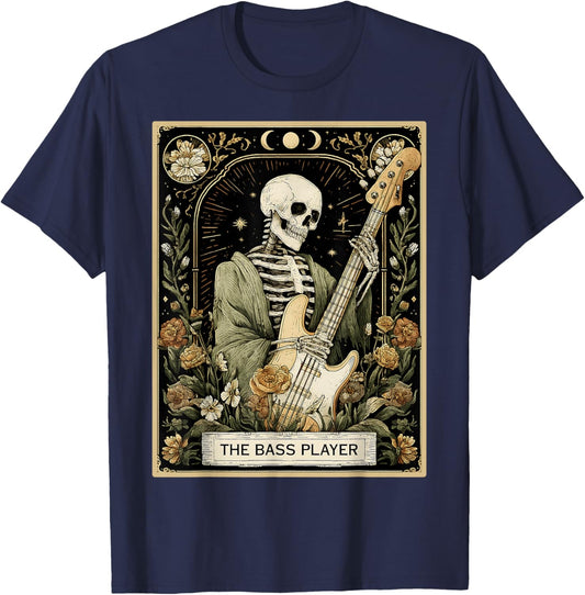 The Bass Player Bassist Guitarist Guitar Tarot Card Skeleton T-Shirt - T-Shirt | Navy