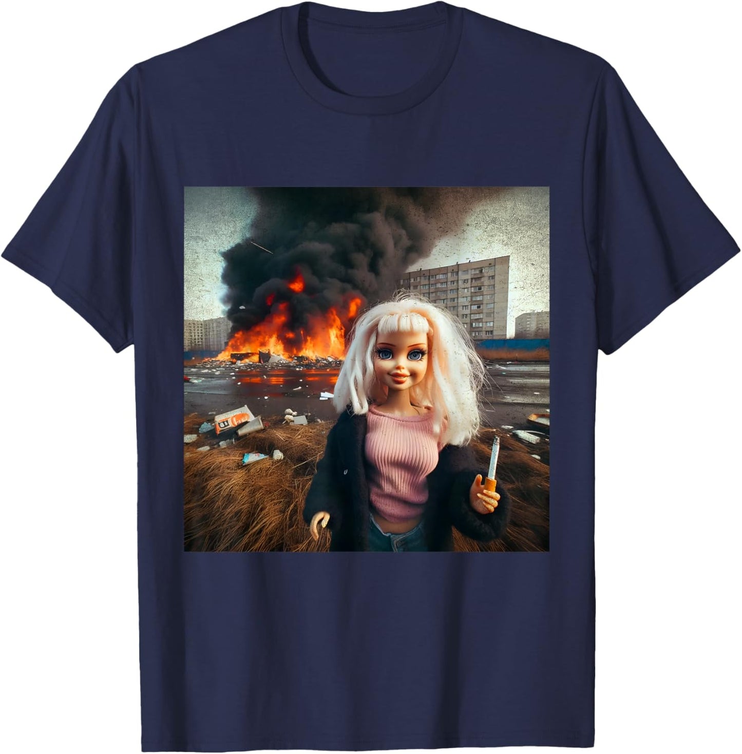 Messy Doll Dark Surreal Art Gritty Aesthetic T-Shirt - T-Shirt | Navy