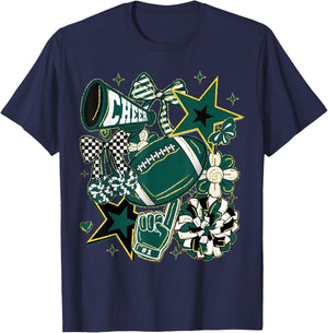 Coquette Bow Football Green Game Cheer Mom Touchdown T-Shirt - T-Shirt | Navy