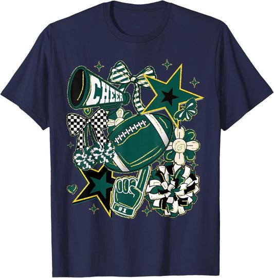 Coquette Bow Football Green Game Cheer Mom Touchdown T-Shirt - T-Shirt | Navy