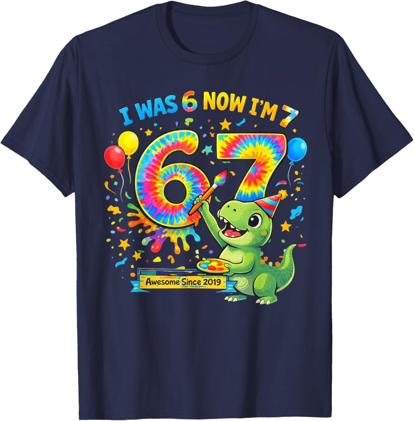 I was 6 Now I’m 7 Dinosaur Birthday Awesome Since 2019 T-Shirt - T-Shirt | Navy