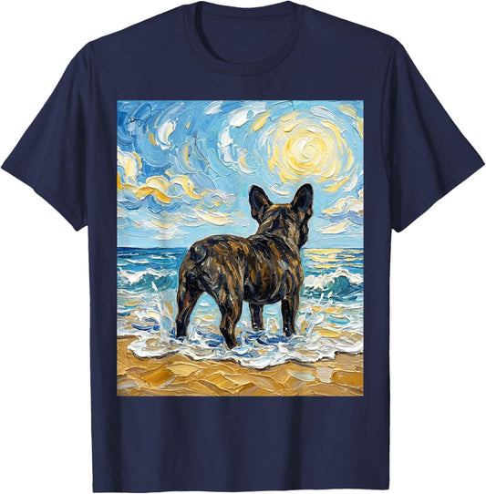 Brindle French Bulldog at The Beach Frenchie Dog Artwork T-Shirt - T-Shirt | Navy